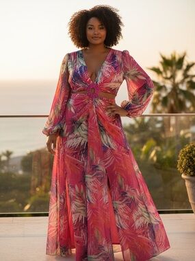 Fashion Nova Breezing by Chiffon Maxi Dress. Tropical Cutout Statement Dress
